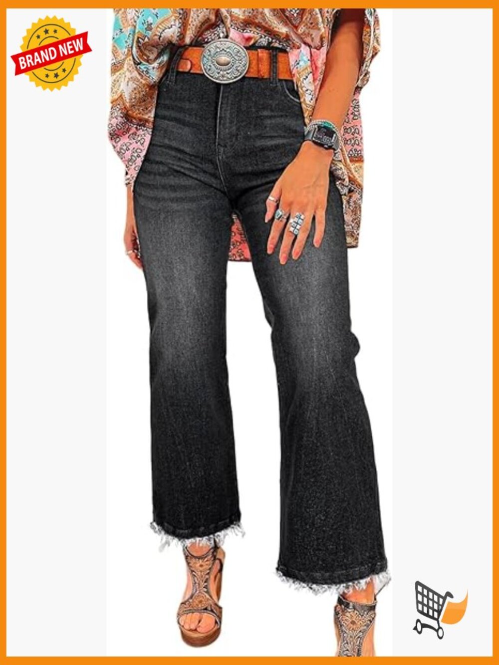 High Waist Flared Jeans Stretchy Raw Hem Denim Pants - Picture 1 of 7